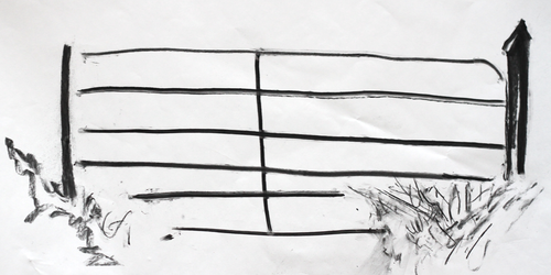 A charcoal sketch of a metal gate on paper. The is a loose, quick sketch made on a large scale. The gate's horizontal bars are made with fast charcoal marks that are not straight, making it feel more like a moving object. In either bottom corner, there are tufts of grass or bushes, again made with quick charcoal markings, but these are less assured and more airy.